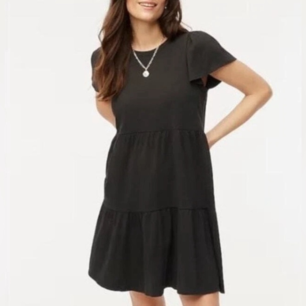 NEW J.CREW Black V-Neck Flutter Sleeve Ruffle Mini Dress Size S 100% Cotton